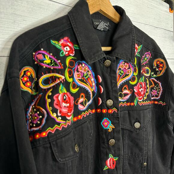 Carole Little Sport Women 4 Embroidered Beaded Oversized Denim Jacket Boho Artsy - Picture 3 of 10